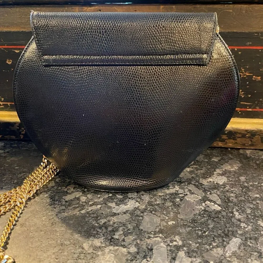 vintage Rodo Italy Black Lizard-Embossed Leather Half-Moon Crossbody Bag